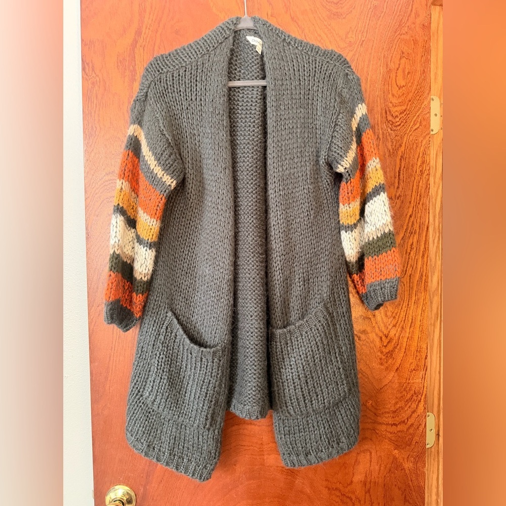 DAVI & DANI Gray Cardigan with Striped Sleeves